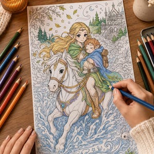 May include: A coloring page illustration featuring a long-haired elf riding a white horse through water while carrying a small child. The background shows a forest, a castle, and a night sky with stars. Colored pencils are arranged on the sides.