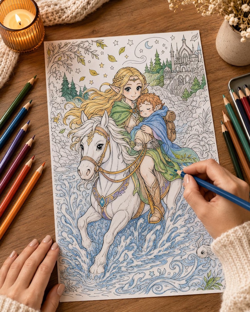 May include: A coloring page illustration featuring a long-haired elf riding a white horse through water while carrying a small child. The background shows a forest, a castle, and a night sky with stars. Colored pencils are arranged on the sides.