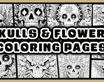 頭蓋骨と花の塗り絵、ゴシックフローラル塗り絵ページ、即時ダウンロード可能な印刷用PDF、大人の塗り絵、ゴシックアートギフト