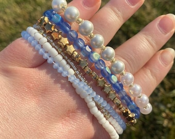 Serenity Blue Bracelet Set - Stretchy Bracelets with Gold, White, and Blue Beads - Blue Crystals, Pearls, Seed Beads, and Gold Stars