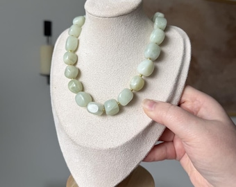 Jade Green Statement Beaded Necklace | Chunky Gemstone Style Necklace | Minimalist Boho Jewelry | Soft Sage Handmade Necklace