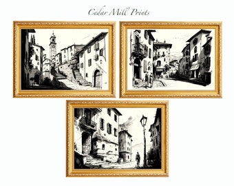 Village Ink Sketch Series, Warm Tones, Digital Prints