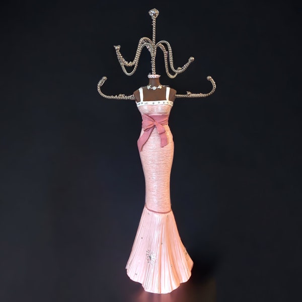 Vintage Ceramic Mannequin Jewelry Stand Featuring a Pink Evening Gown