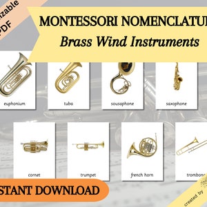 BRASS WIND INSTRUMENTS | Nomenclature • Montessori Kids Learning Printable Activity • Preschool • Students • Realistic Photos