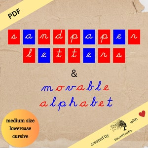 Alfabeto cursivo en minúsculas Montessori, letras móviles y de papel de lija - Descarga digital para el aula, la educación en el hogar y la educación de idiomas