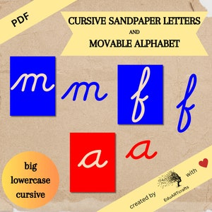 Alfabeto cursivo en minúsculas Montessori, letras móviles y de papel de lija - Descarga digital para el aula, la educación en el hogar y la educación de idiomas