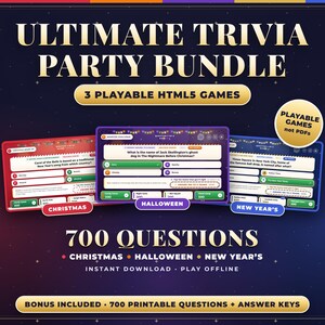 Pacote Definitivo de Jogos de Perguntas e Respostas | 3 Jogos de Quiz Interativos | 700 Perguntas | 6 PDFs Imprimíveis Bônus | Natal, Halloween e Ano Novo