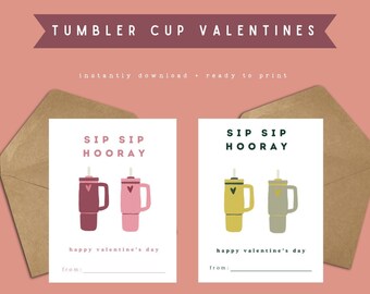 Stanley Cup Valentine&#39;s Day Cards Printable Kids Tumbler Drink Cup Valentine Cards Instant Download Valentines party Printable