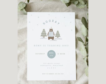 Winter Party Invitation Birthday Winter Wonderland Invitation Forest Bear Birthday Invitation Editable