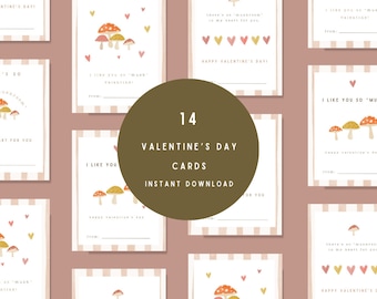 Kids Valentine&#39;s Day Cards Printable Mushroom Valentine Cards for Kids Instant Download Valentines party Printable