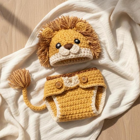 Crochet Lion Newborn Photo Prop | Handmade Safari Baby Outfit | Lion Mane Hat Diaper Cover Set | Baby Shower Gift | Newborn Photography