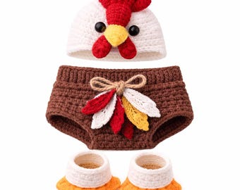 Gehaakte haan als fotoprop voor pasgeborenen | Handgemaakte boerderijbabyoutfit | Luierbroekje met kippenmutsje en luierbroekje | Babycadeau | Pasgeborenfotografie Canada