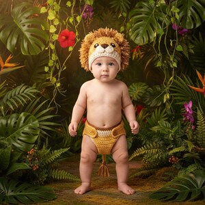 Gehaakte leeuw als fotoprop voor pasgeborenen | Handgemaakte safarimanenmuts en luierbroekje set | Kraamcadeau | Pasgeborenfotografie Canada afbeelding 3
