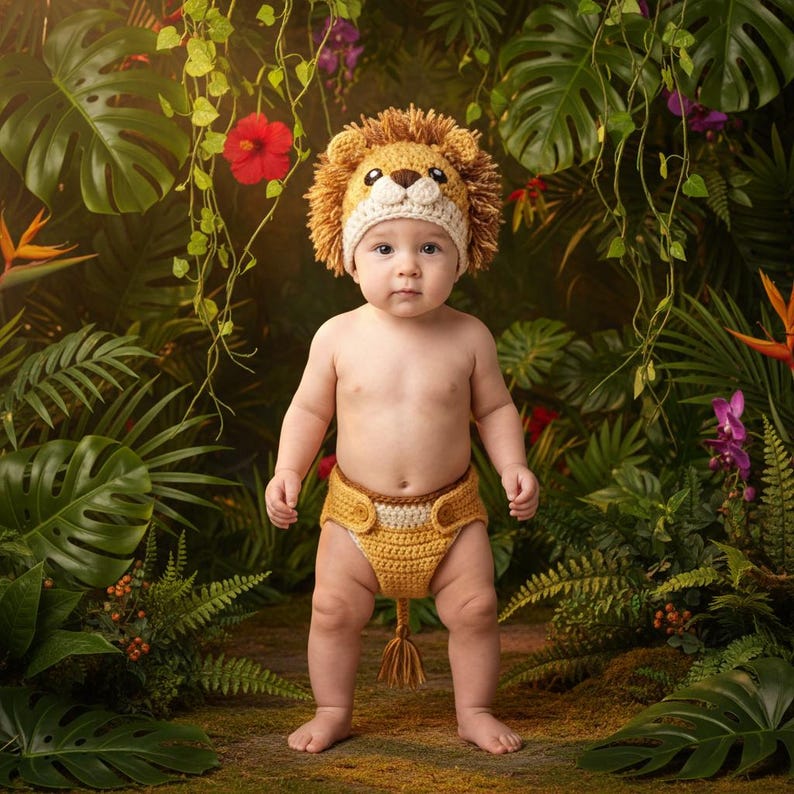 Gehaakte leeuw als fotoprop voor pasgeborenen | Handgemaakte safarimanenmuts en luierbroekje set | Kraamcadeau | Pasgeborenfotografie Canada afbeelding 3