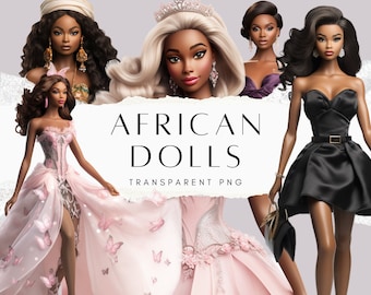 80 Cliparts von afroamerikanischen Puppen, PNG-Dateien von schwarzen Mode-Mädchen, Melanin-Prinzessinnenpuppen, Aquarell-Spielzeug-Cliparts, digitaler Download für kommerzielle Nutzung