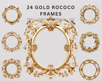 Könnte beinhalten: Eine Sammlung von sieben verzierten goldenen Rahmen mit komplizierten Schnörkeln und dekorativen Elementen. Der Text 24 GOLD ROCOCO FRAMES PNG CLIPART COMMERCIAL USE steht in der Mitte. Jeder Rahmen hat eine runde oder ovale Form.