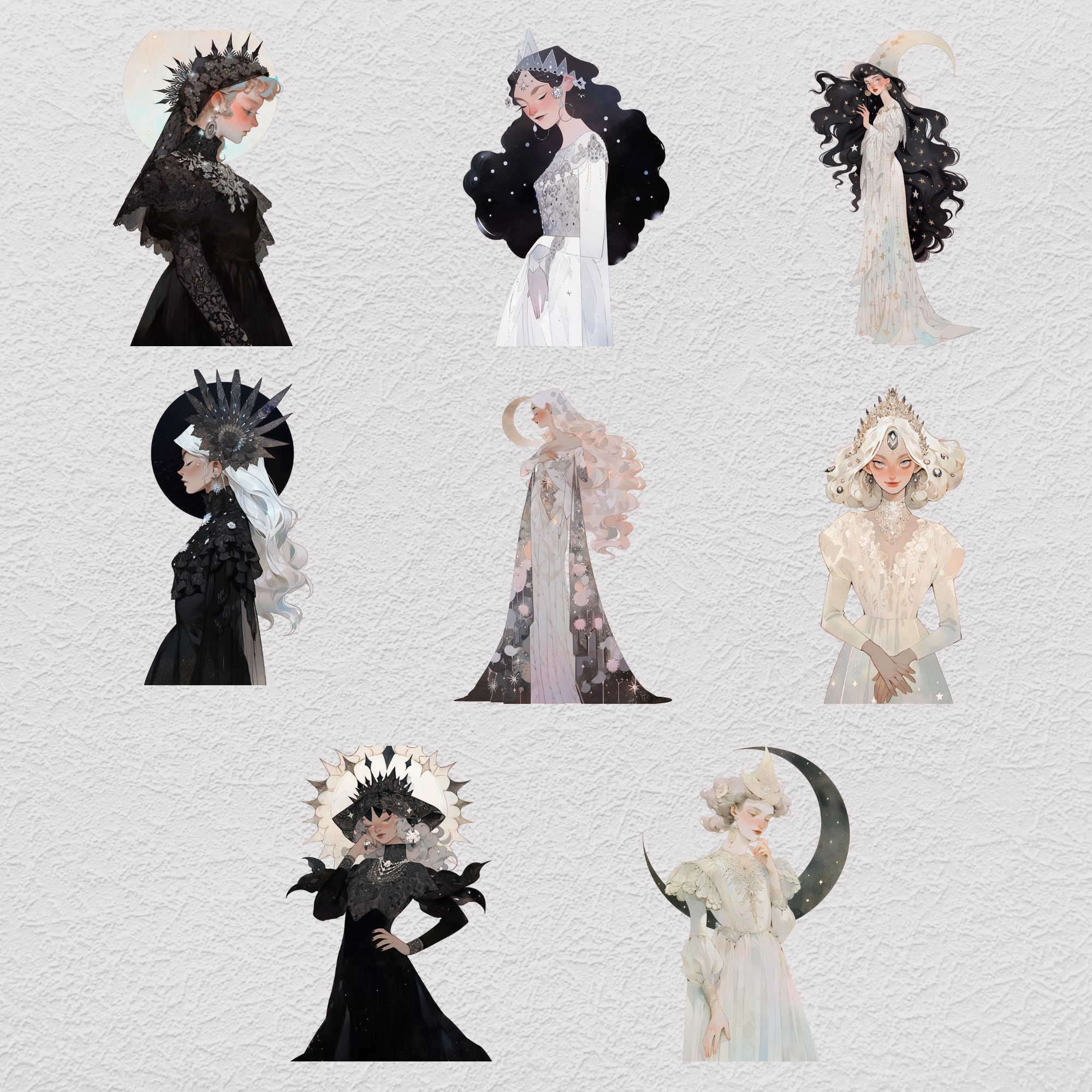 45 Moonlight Queens Clipart Bundle, Queen of Halloween, Vintage Witch
