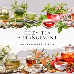 Könnte beinhalten: Aquarell-Illustration eines gemütlichen Tee-Arrangements mit Teekannen, Tassen und Teeblättern. Die Illustration zeigt eine Vielzahl von Teetassen, Teekannen und Teeblättern, alle im Aquarell-Stil. Die Illustration ist perfekt für die Verwendung in einer Vielzahl von Projekten, wie z. B. Grußkarten, Einladungen und Scrapbooking.