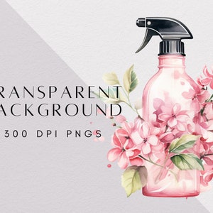 May include: A watercolor illustration of a pink spray bottle with a black nozzle surrounded by pink flowers with green leaves. The background is a light gray.