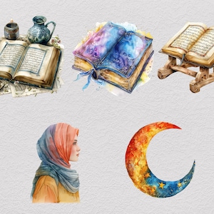 May include: Watercolor illustration of Islamic religious items, including a crescent moon, a woman wearing a headscarf, and three open books. One book is on a wooden stand, another is decorated with purple and blue, and the third is open to show Arabic text.