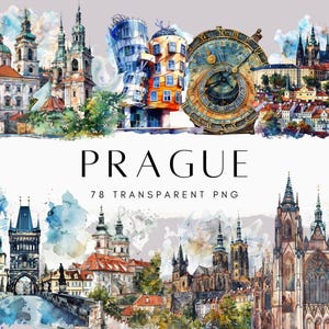 May include: A watercolor illustration of various landmarks in Prague, Czech Republic. The illustration includes the Charles Bridge, Prague Castle, the Old Town Square Astronomical Clock, and the Dancing House. The illustration is in a vibrant watercolor style with a light blue, pink, and green color palette.