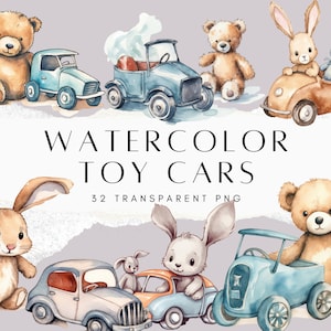 Acuarela Toy Cars Clipart, Vintage Racers Clipart, Vintage Kids con Racer Car PNG clip art gráficos descarga instantánea para uso comercial