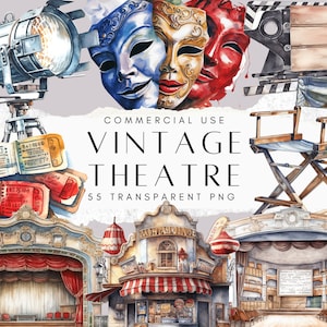 55 aquarel Vintage Theater Clipart, Theater Clip Art PNG Graphics, Digitale Stickers, Junk Journal, Instant Download, Commercieel Gebruik