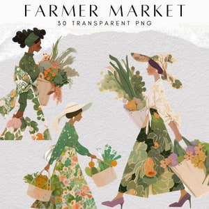 Könnte beinhalten: Ein digitales Illustrationsset mit dem Titel FARMER MARKET 30 TRANSPARENT PNG, das drei Figuren zeigt, die Körbe mit frischen Produkten und Blumen tragen. Die Figuren tragen gemusterte Kleidung mit botanischen Motiven, breitkrempige Hüte und Kopftücher.
