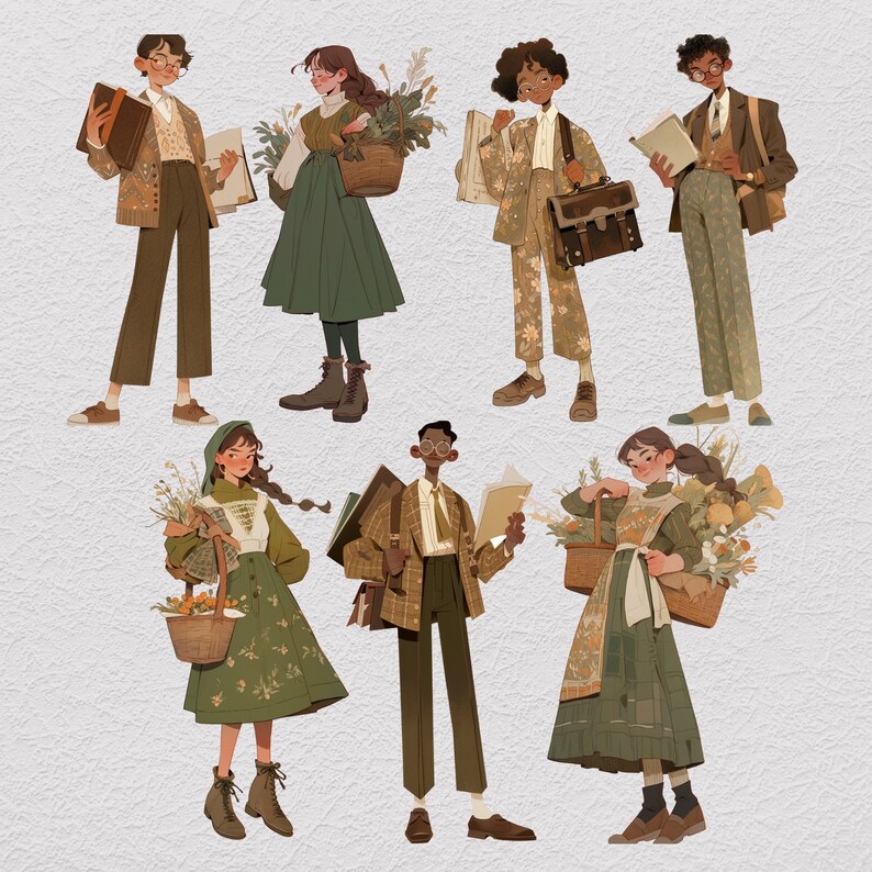 K&ouml;nnte beinhalten: Illustration von sieben Personen in verschiedenen Outfits, jede h&auml;lt ein Buch oder einen Korb mit Blumen. Die Personen tragen verschiedene Farben, darunter Gr&uuml;n, Braun und Blau. Der Hintergrund ist hellbeige.