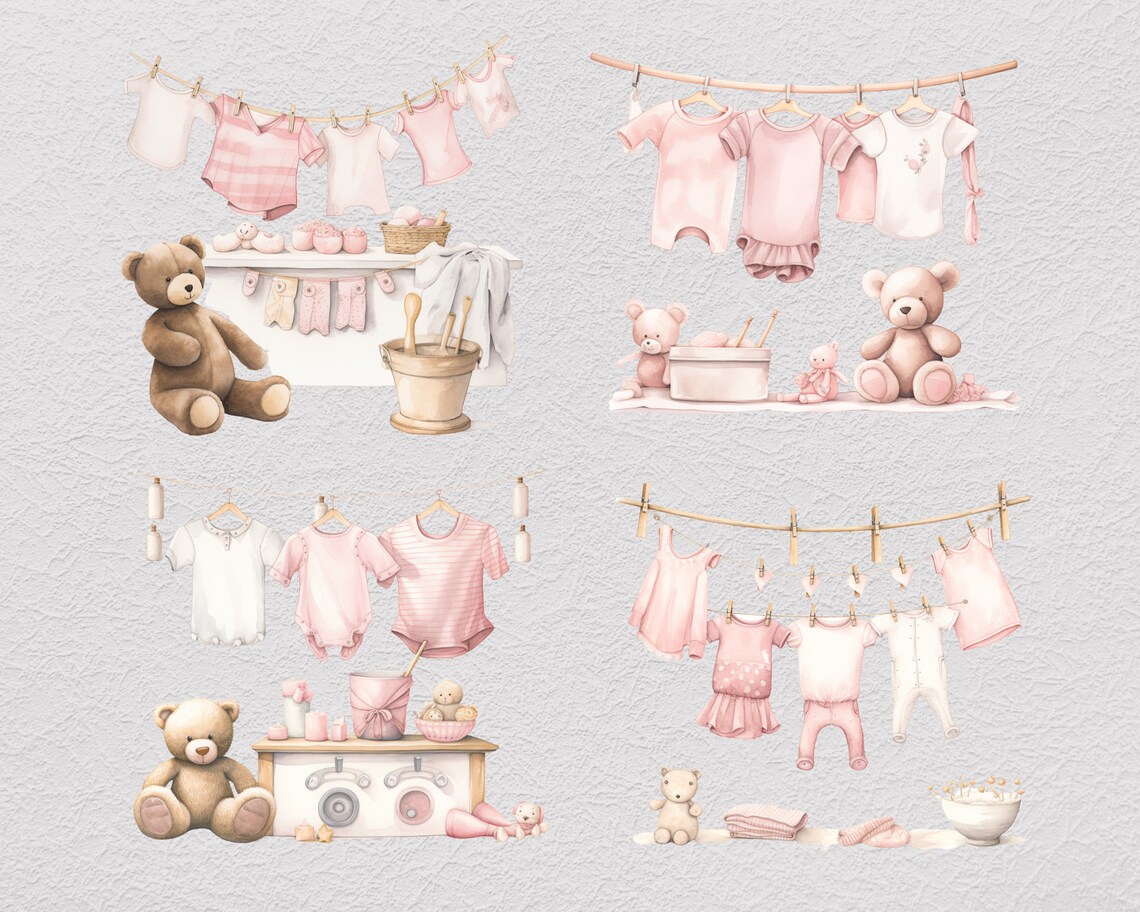 Baby Girl Clothes Line Clipart Bundle, Invitation Decor, Wall Decor