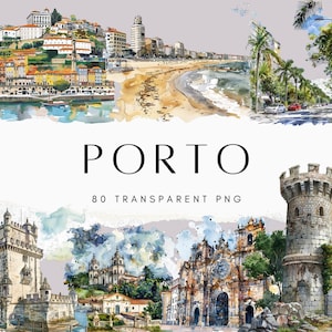 80 Clipart monuments de Porto, lot de cliparts ville aquarelle, autour du monde des cliparts, cliparts monument, Europe ensoleillée