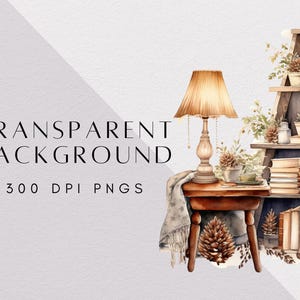 37 Vinterstudie Clipart Bundle, Akvarell Mysig Läsning PNG, Snöig Fönster Skrivbordsscen, Dark Academia Cottagecore, Digital Nedladdning bild 2