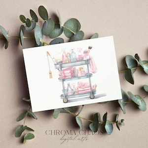 May include: A watercolor illustration of a rolling cart filled with cleaning supplies, towels, and other household items. The cart is white with pink accents and has three shelves. The illustration is on a white background.
