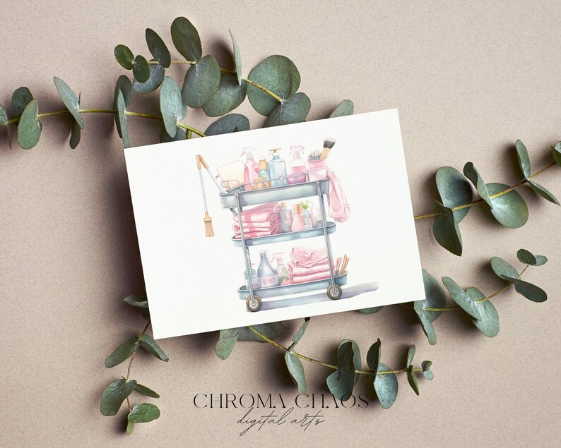 May include: A watercolor illustration of a rolling cart filled with cleaning supplies, towels, and other household items. The cart is white with pink accents and has three shelves. The illustration is on a white background.