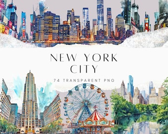 74 New York Clipart Bundle, Watercolour NYC City PNG, Empire State, Brooklyn Bridge, Statue of Liberty, Times Square Digital Download