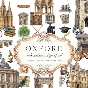Op de afbeelding: Een digitale collectie aquarelillustraties met Oxford-thema's, waaronder gotische architectuur, een fiets, boeken, een wereldbol, een microscoop, een afstudeerhoed, een stenen brug en een centraal label met de tekst OXFORD watercolour clipart set.