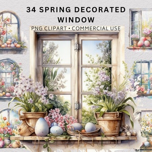 May include: A watercolor illustration of a window decorated with spring flowers and Easter eggs. The window is framed in wood and has a view of a garden. The flowers are in pots and are arranged around the window. The eggs are painted in various colors and are scattered around the window. The illustration is titled "34 Spring Decorated Window" and "PNG Clipart - Commercial Use".