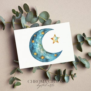 May include: A watercolor painting of a crescent moon with a star. The moon is blue and has gold stars on it. The star is gold and has a yellow center. The background is white.