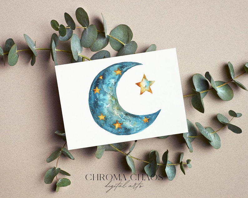 May include: A watercolor painting of a crescent moon with a star. The moon is blue and has gold stars on it. The star is gold and has a yellow center. The background is white.