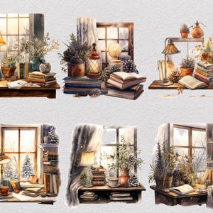 37 Vinterstudie Clipart Bundle, Akvarell Mysig Läsning PNG, Snöig Fönster Skrivbordsscen, Dark Academia Cottagecore, Digital Nedladdning bild 8