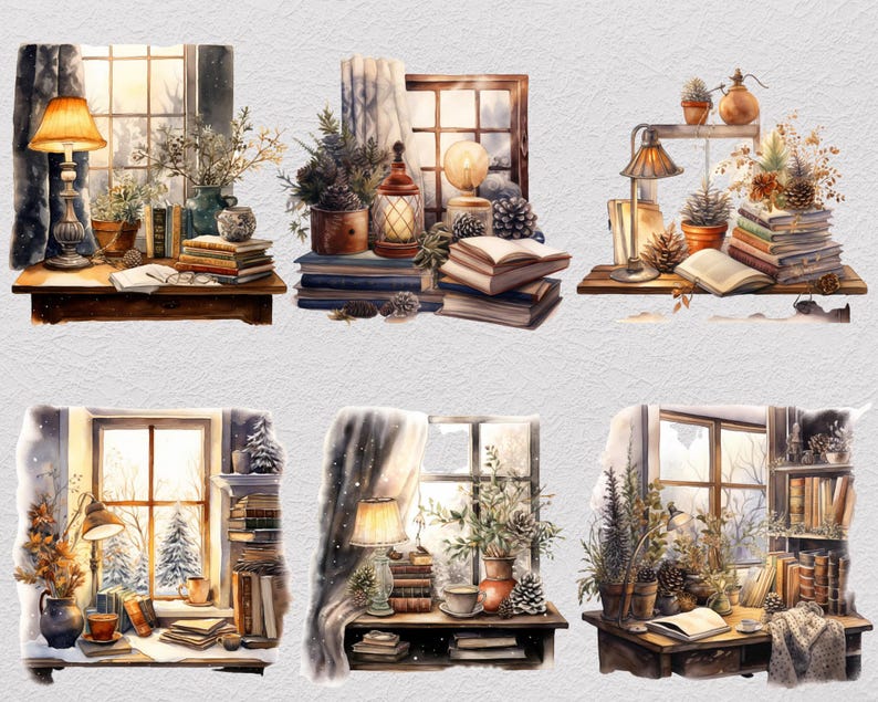 37 Vinterstudie Clipart Bundle, Akvarell Mysig Läsning PNG, Snöig Fönster Skrivbordsscen, Dark Academia Cottagecore, Digital Nedladdning bild 8