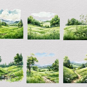 Pu&ograve; includere: Sei acquerelli di verdi colline ondulate con alberi e un cielo blu con nuvole. I dipinti sono tutti in uno stile simile e raffigurano un paesaggio tranquillo e idilliaco.