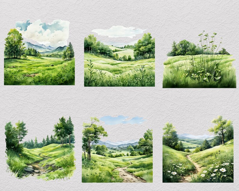 Pu&ograve; includere: Sei acquerelli di verdi colline ondulate con alberi e un cielo blu con nuvole. I dipinti sono tutti in uno stile simile e raffigurano un paesaggio tranquillo e idilliaco.