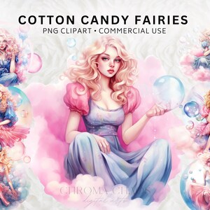 18 Cotton Candy Fairy Clip Art, Invitation Decor, Wall Decor, Transparent PNG, Watercolor Clipart, Goodnotes Stickers, Digital Sticker