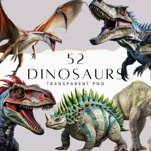 52 Dinosaurs Clipart PNG Bundle, Transparent Clip Art for Kids Activity, Digital Download, Commercial License