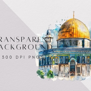 May include: A watercolor painting of the Dome of the Rock in Jerusalem, a gold-domed mosque with intricate blue and green tilework. The painting has a white background with a subtle watercolor effect.