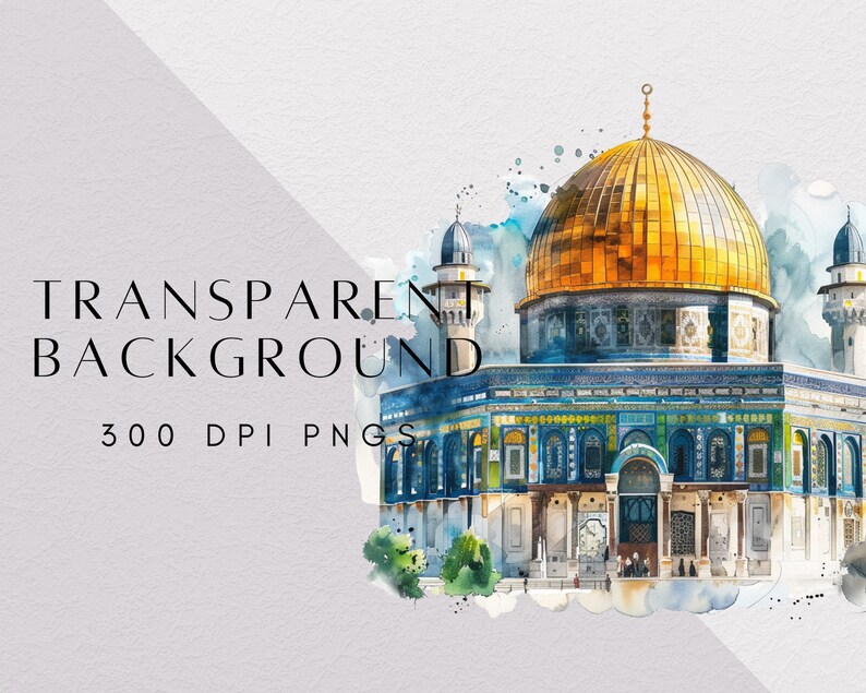 May include: A watercolor painting of the Dome of the Rock in Jerusalem, a gold-domed mosque with intricate blue and green tilework. The painting has a white background with a subtle watercolor effect.