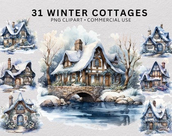 31 Vinterstuga Clipart Bundle, Snöig Stugacore PNG, Mysigt Hus Clip Art, Digital Nedladdning av Jul
