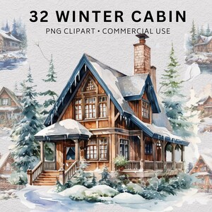 以下が含まれることがあります： 冬の小屋のウォーターカラーイラスト32点のセットです。イラストは、雪で覆われた屋根と、松の木と雪で覆われた風景に囲まれた、居心地の良い小屋を描いています。イラストは、あなたのプロジェクトに冬の魅惑的な雰囲気を加えるのに最適です。