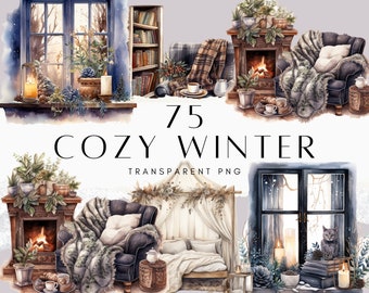 Bundel met 75 gezellige winterse aquarel cliparts, Hygge PNG, deken koffiehoekje, cottagecore cliparts, gezellige esthetiek digitale download